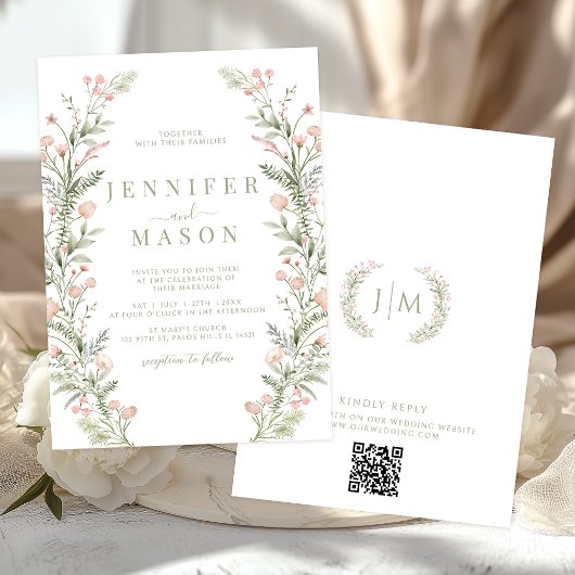 Blush pink wildflower rustic wedding Invitation 招待状