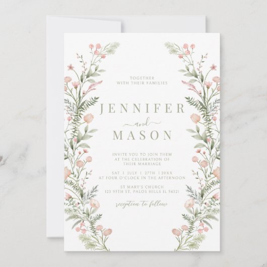 Blush pink wildflower rustic wedding Invitation 招待状 (正面)