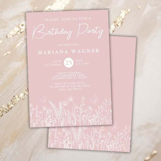 Blush Pink Wildflowers Birthday Party Invitation 招待状