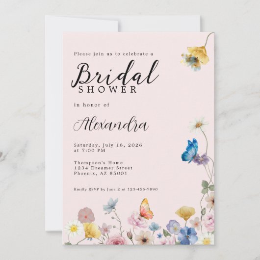Blush Pink Wildflowers Bridal Shower Invitation 招待状 (正面)