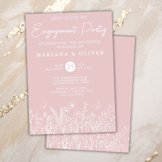 Blush Pink Wildflowers Engagement Party Invitation 招待状