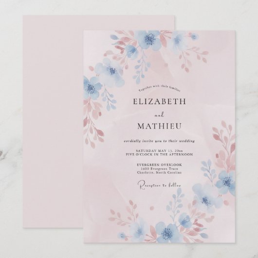 Blush Pink Wispy Romantic Wedding 招待状 (正面/裏面)
