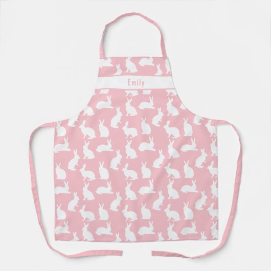 Blush Pink With White Bunny Pattern And Name エプロン (正面)
