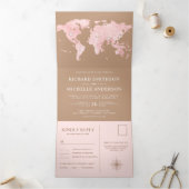 Blush Pink World Map Beige Tan All in One Wedding 三つ折り招待状 (内部)