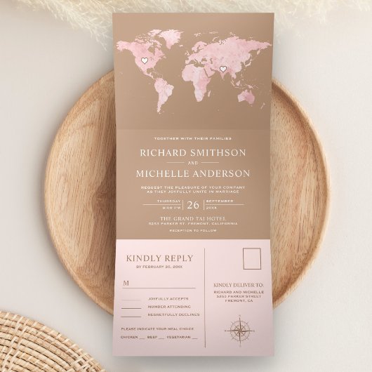 Blush Pink World Map Beige Tan All in One Wedding 三つ折り招待状