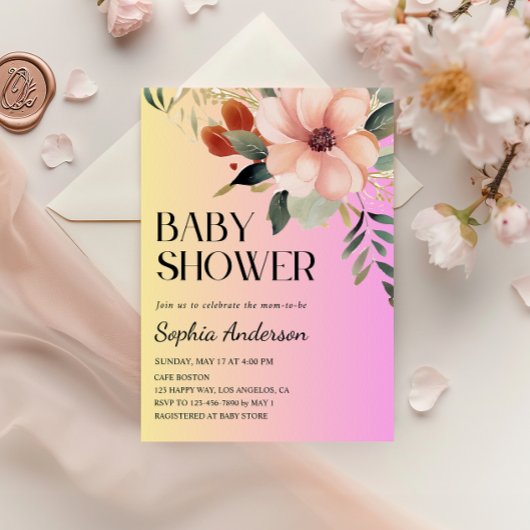 Blush Pink & Yellow Floral Baby Shower Invitation 招待状