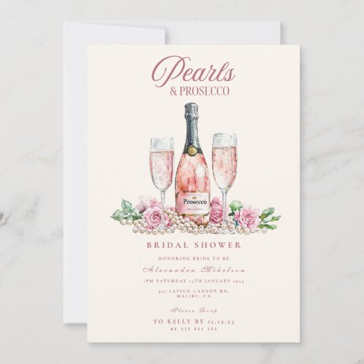 Blush Prosecco Pearls Bridal Shower Celebration 招待状 (正面)