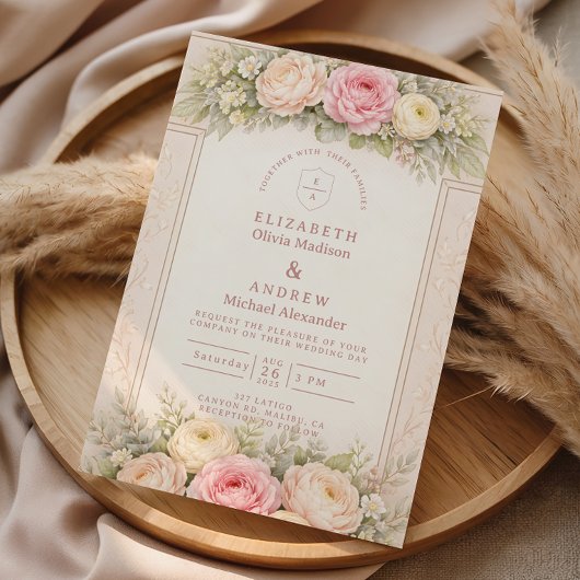 Blush Ranunculus Rose Garden Wedding 招待状