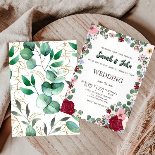 Blush Red elegant seasonal florals 招待状