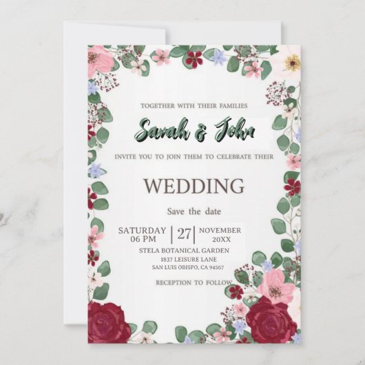 Blush Red elegant seasonal florals 招待状 (正面)