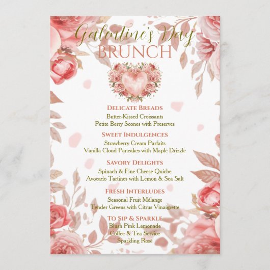 Blush Rococo Floral Heart Galentine Brunch Menu 招待状 (正面)