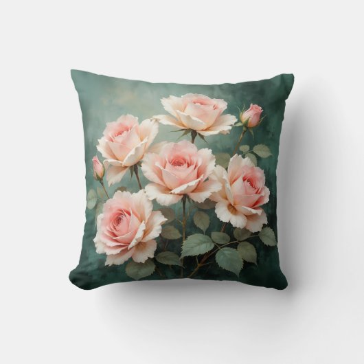 Blush Rose Elegance on Deep Jade クッション (正面)