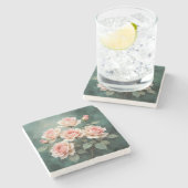 Blush Rose Elegance on Deep Jade ストーンコースター (横)