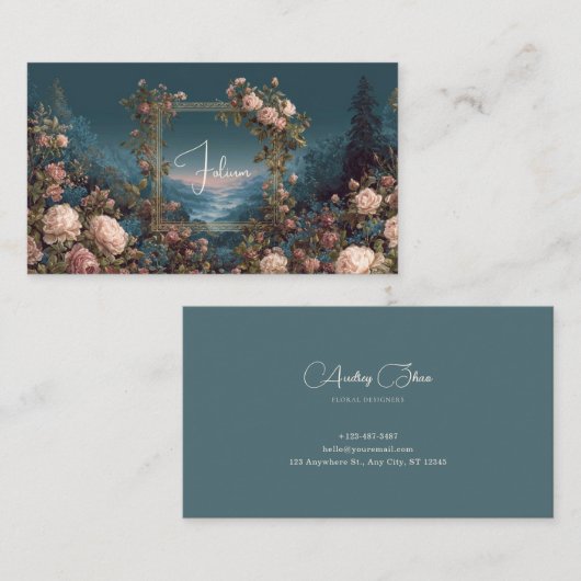 Blush Rose Floral and Misty Valley Gold Frame 名刺 (正面/裏面)