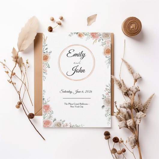 Blush Rose Floral Frame Elegant Wedding Invitation 招待状
