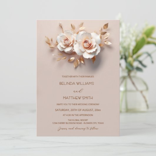 Blush  Rose Gold 3D Flowers Simple 招待状 (スタンド正面)