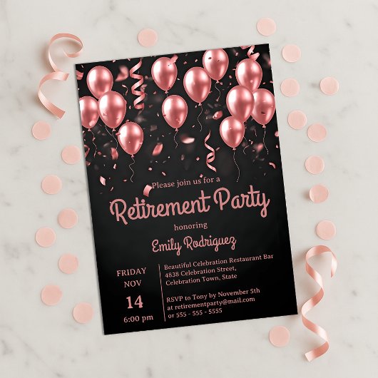Blush Rose Gold Balloons Confetti Retirement Party 招待状