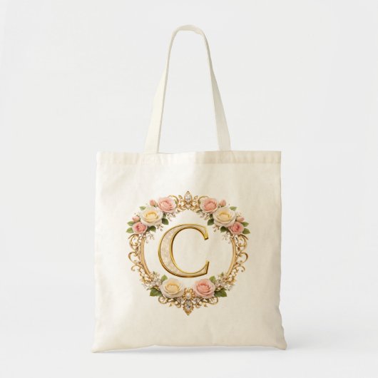 Blush Rose Gold Floral Monogram Letter C Wedding トートバッグ (正面)