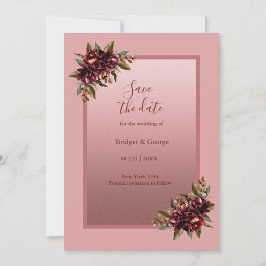 Blush Rose Gold Floral wedding Save the Date 招待状 (正面)