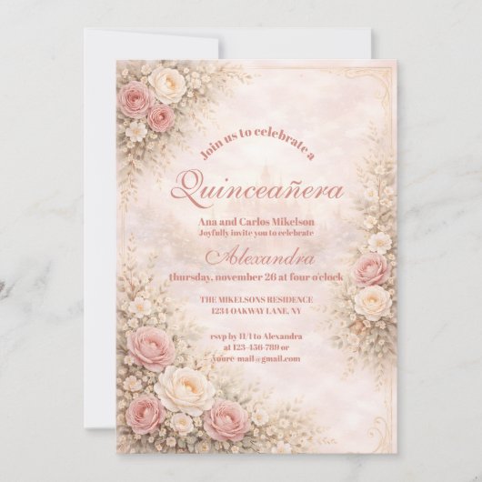 Blush Rose Gold Garden Quinceañera 招待状 (正面)
