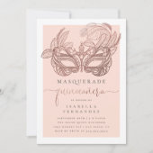 Blush & Rose Gold Masquerade Quinceañera Birthday 招待状 (正面)