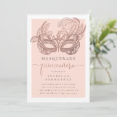 Blush & Rose Gold Masquerade Quinceañera Birthday 招待状 (スタンド正面)