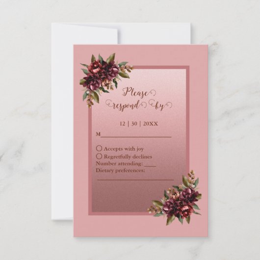 Blush Rose Gold Script - Burgundy floral wedding 出欠カード (正面)