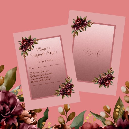 Blush Rose Gold Script - Burgundy floral wedding 出欠カード