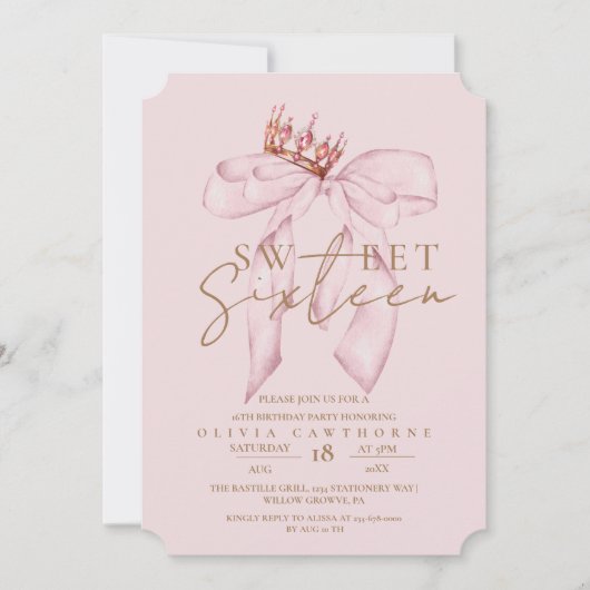 Blush Rose & Gold Sweet 16 Bow Birthday  招待状 (正面)