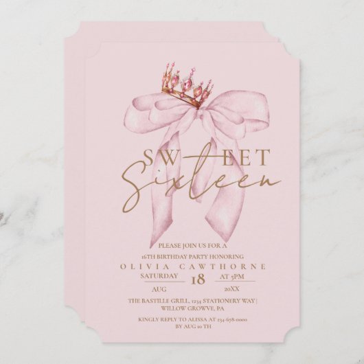 Blush Rose & Gold Sweet 16 Bow Birthday  招待状 (正面/裏面)