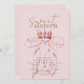 Blush Rose & Gold Sweet 16 Bow Crown Birthday  招待状 (正面/裏面)