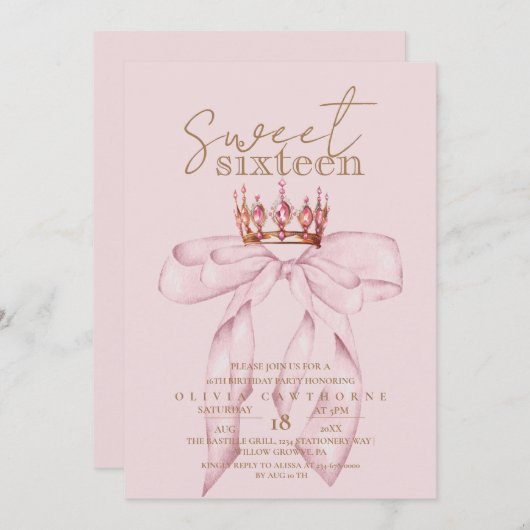 Blush Rose & Gold Sweet 16 Bow Crown Birthday  招待状 (正面/裏面)
