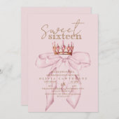 Blush Rose & Gold Sweet 16 Bow Crown Birthday  招待状 (正面/裏面)