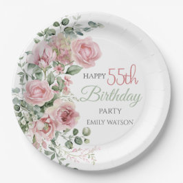 Blush Rose Greenery Eucalypt 55th Birthday ペーパープレート