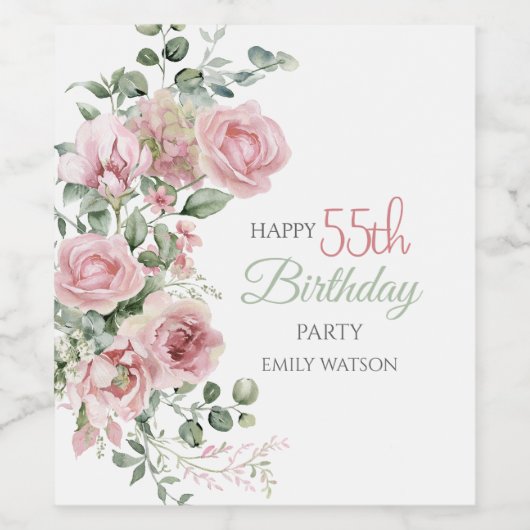 Blush Rose Greenery Eucalypt 55th Birthday ワインラベル (シングルラベル)