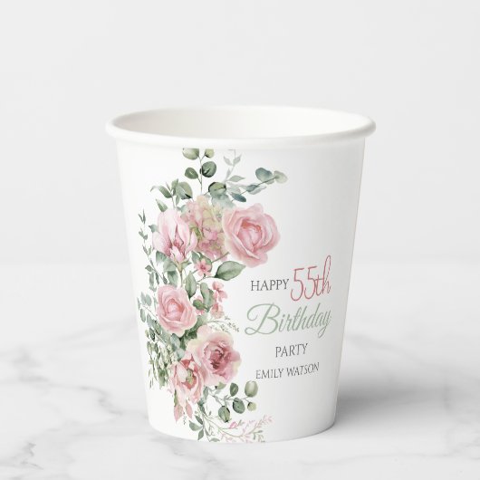Blush Rose Greenery Eucalypt 55th Birthday 紙コップ (裏面)