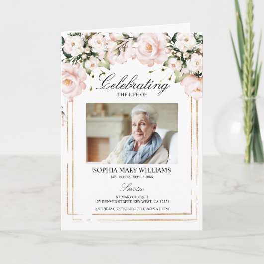 Blush Rose Photo Memorial Funeral Program カード (正面)