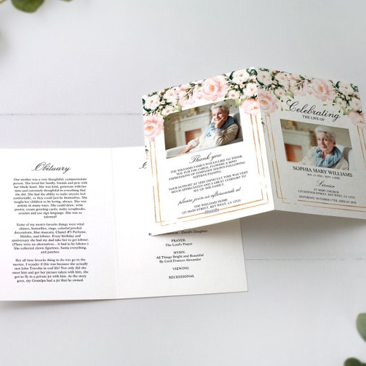 Blush Rose Photo Memorial Funeral Program カード