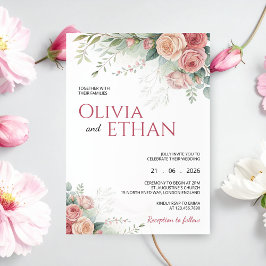 Blush Rose Watercolor Floral Wedding Invitation 招待状