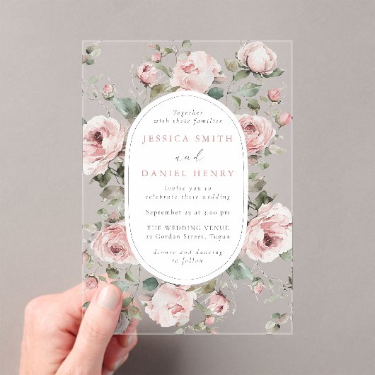 Blush Roses & Sage Floral Frame Wedding アクリル招待状 (インサイチュ (ポータブル))
