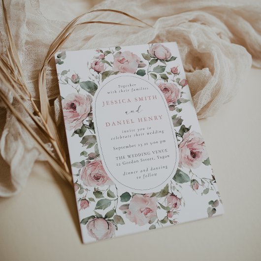 Blush Roses & Sage Floral Frame Wedding 招待状