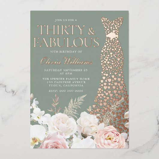  Blush & Sage 30th Birthday Rose Gold Gown 箔招待状 (正面)