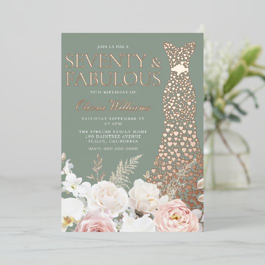  Blush Sage 70th Birthday Rose Gold Gown 箔招待状 (立ち正面)