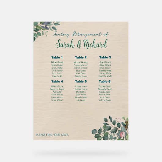 Blush Sage Floral Wedding Seating Chart アクリルサイン (正面)