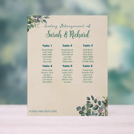 Blush Sage Floral Wedding Seating Chart アクリルサイン (ニュートラル)