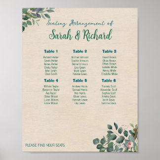 Blush Sage Floral Wedding Seating Chart ポスター