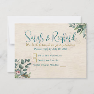 Blush & Sage with Watercolor Foliage Wedding RSVP ポストカード