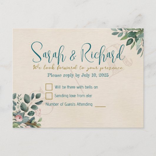 Blush & Sage with Watercolor Foliage Wedding RSVP ポストカード (正面)