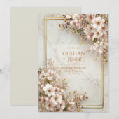 Blush Sakura Marble Gilded Frame Wedding 招待状 (正面/裏面)