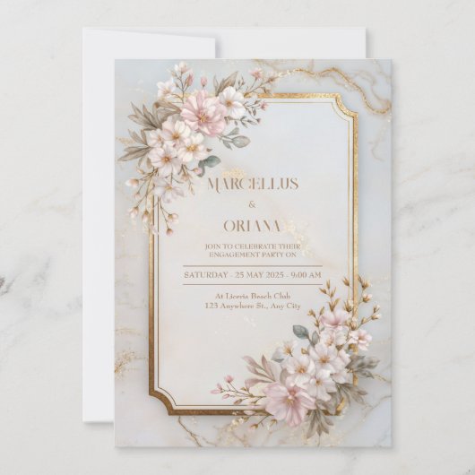 Blush Sakura Marble Gilded Frame Wedding 招待状 (正面)